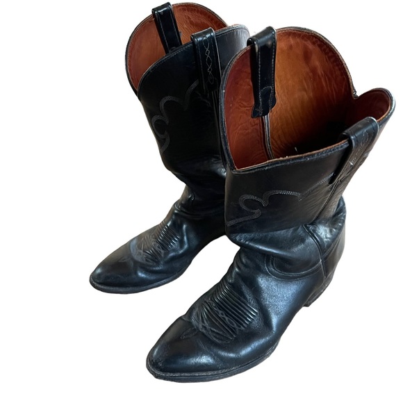 J Chrisholm Men’s Leather Cowboy Boots Black With Stitching Size 12B Made In USA - Picture 2 of 13